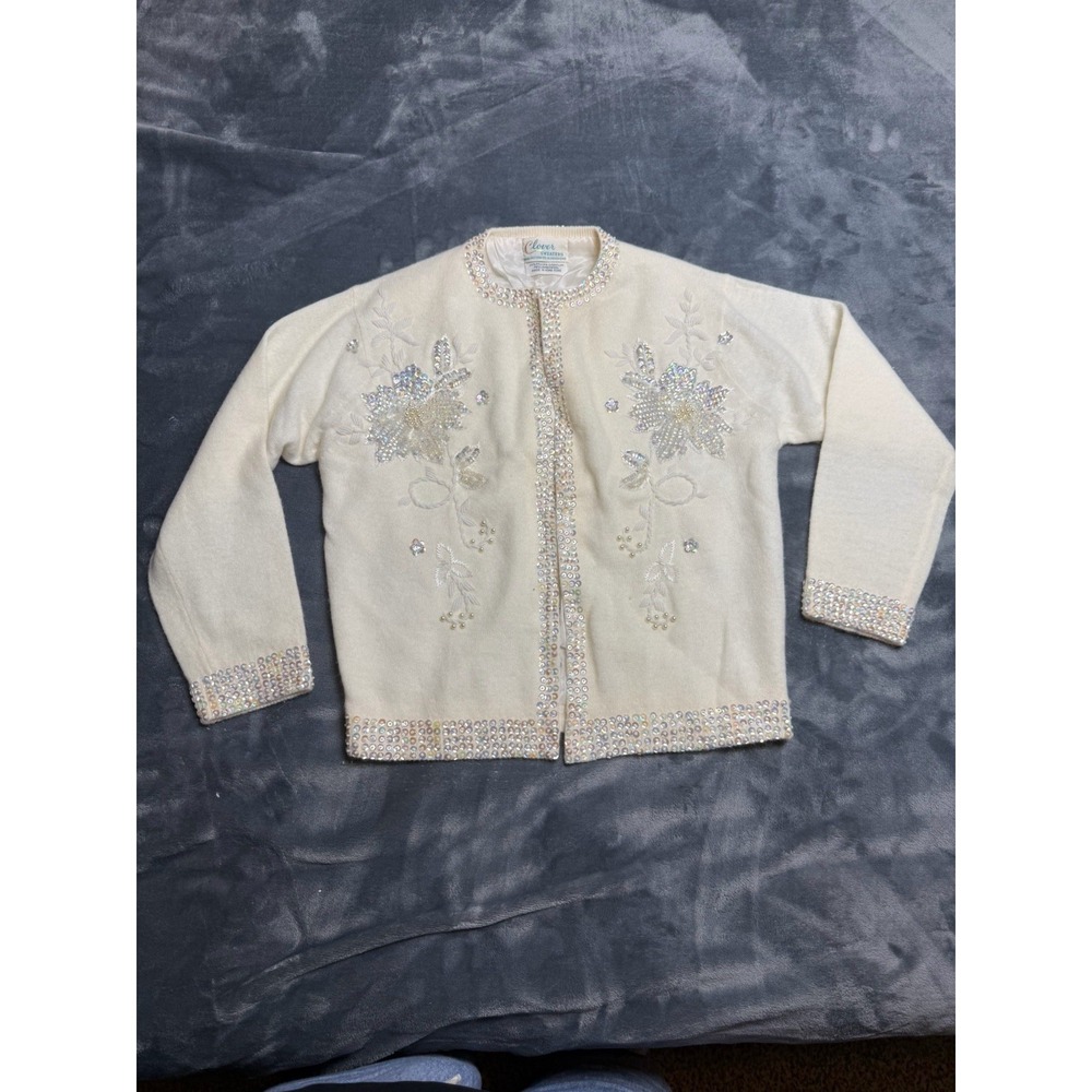 Vintage Women's Angora Blend White Cardigan Hand Decorated Clover Sweaters